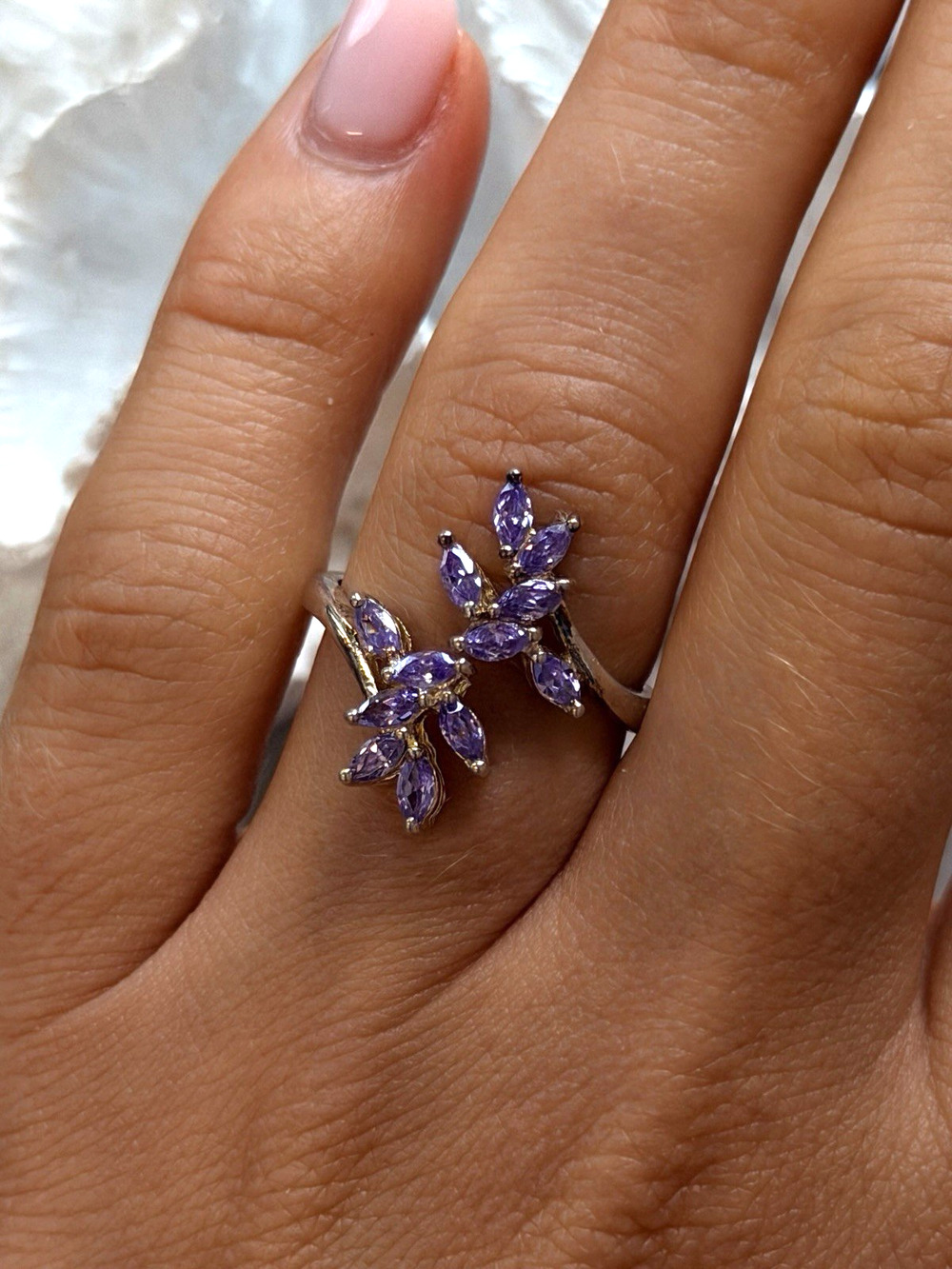 925 Sterling Silver Purple Amethyst Flower Ring Adjustable